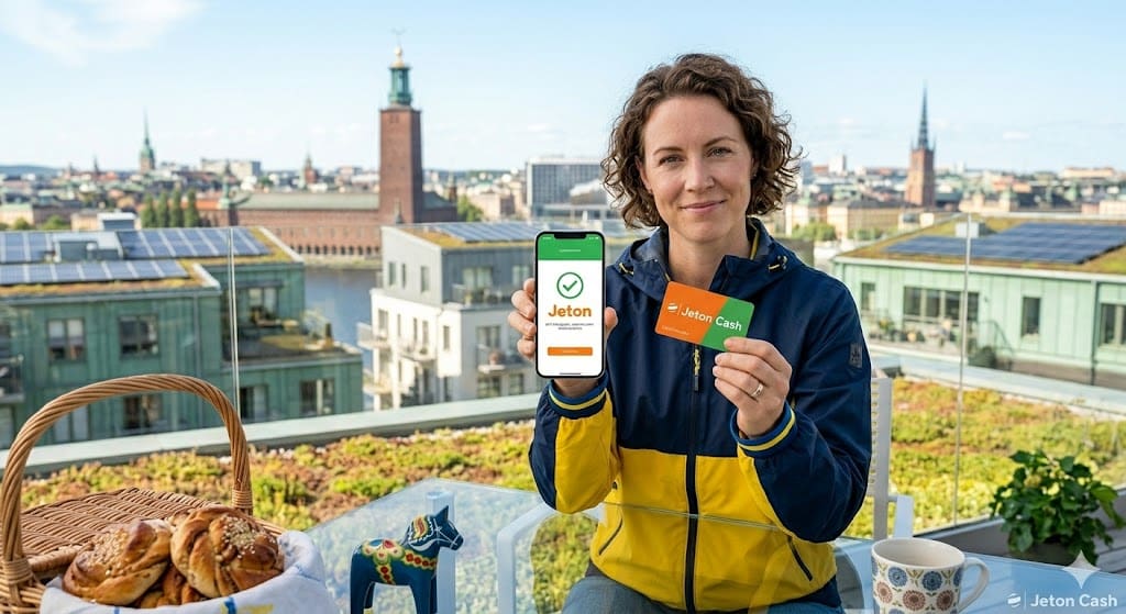 Jeton Cash kvinna med Jeton i mobilen